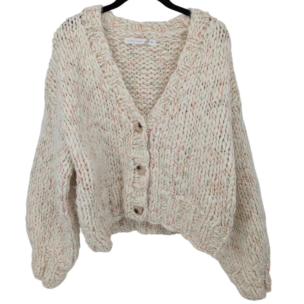 Altar'd‎ State Chunky Wool Blend Cardigan Women XS/S Cream Speckle Boho Sweater